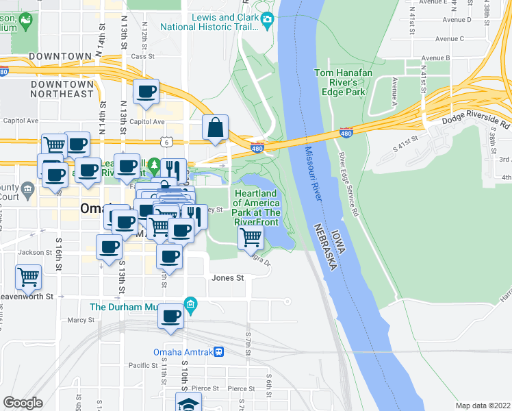 map of restaurants, bars, coffee shops, grocery stores, and more near 800 Douglas Street in Omaha