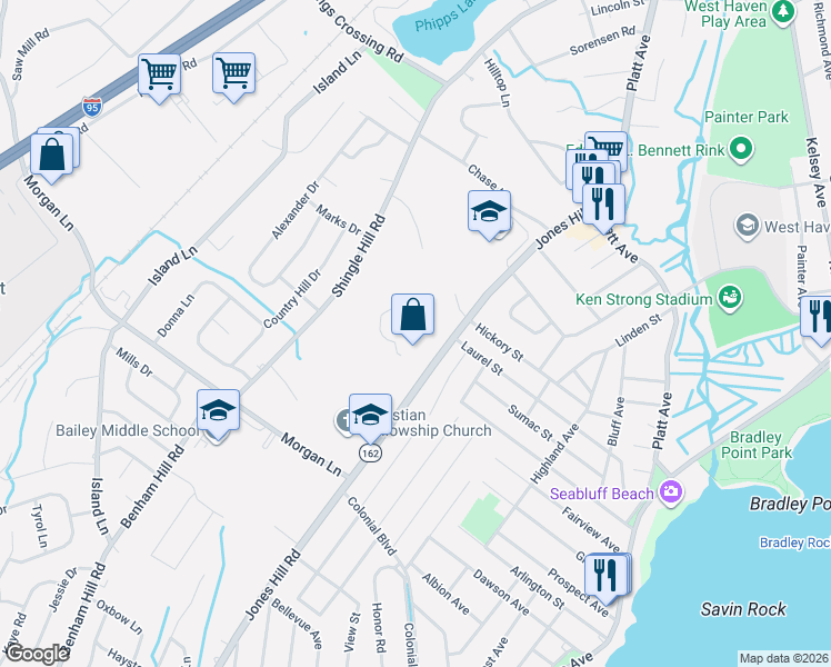 map of restaurants, bars, coffee shops, grocery stores, and more near 668 Jones Hill Road in West Haven