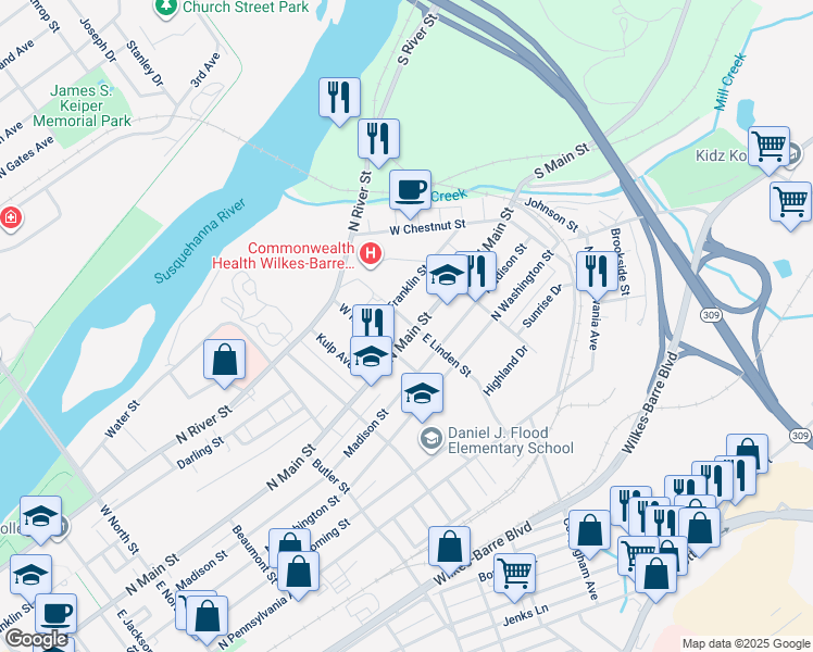 map of restaurants, bars, coffee shops, grocery stores, and more near 551 North Main Street in Wilkes-Barre