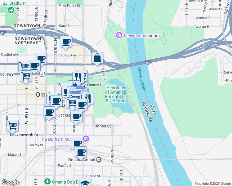 map of restaurants, bars, coffee shops, grocery stores, and more near 800 Douglas Street in Omaha