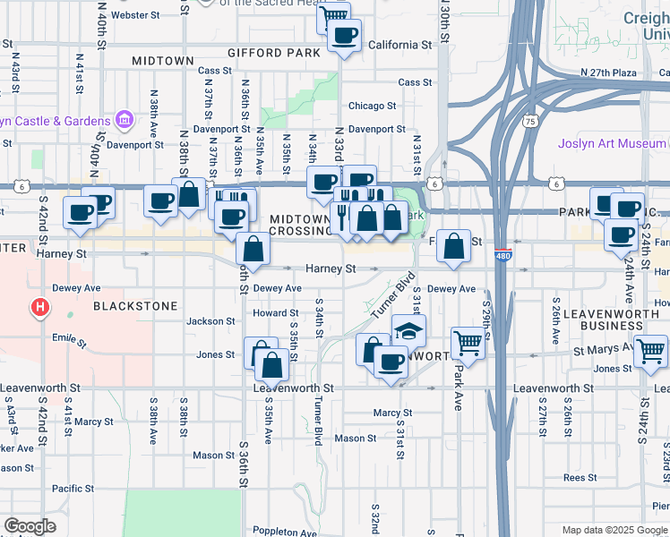 map of restaurants, bars, coffee shops, grocery stores, and more near 3320 Dewey Avenue in Omaha