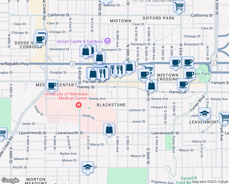 map of restaurants, bars, coffee shops, grocery stores, and more near in Omaha