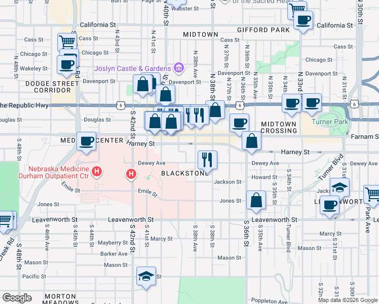 map of restaurants, bars, coffee shops, grocery stores, and more near in Omaha