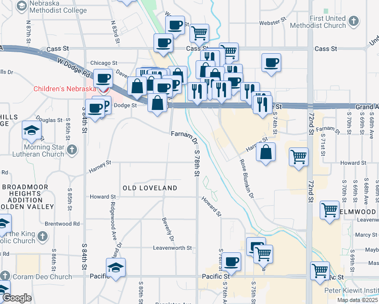 map of restaurants, bars, coffee shops, grocery stores, and more near 7809 Harney Street in Omaha