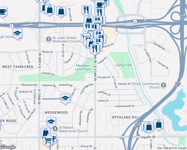 map of restaurants, bars, coffee shops, grocery stores, and more near 11405 Farnam Circle in Omaha