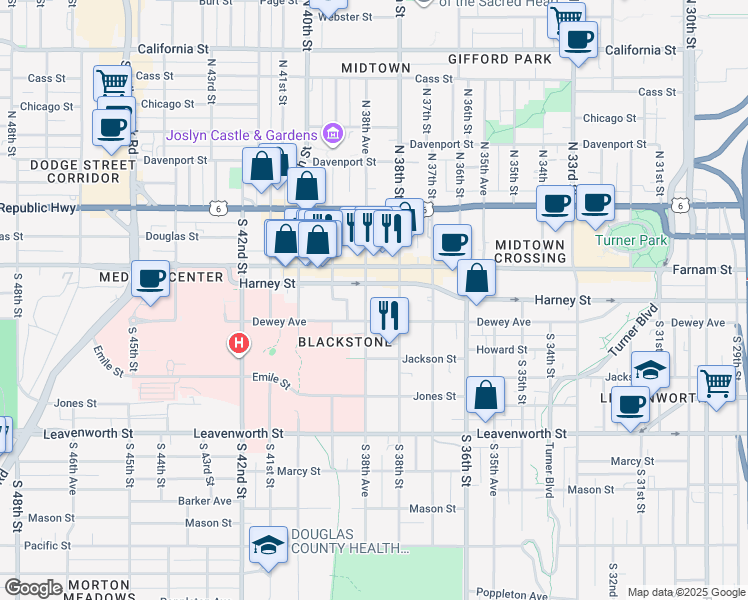 map of restaurants, bars, coffee shops, grocery stores, and more near 3814 Dewey Avenue in Omaha