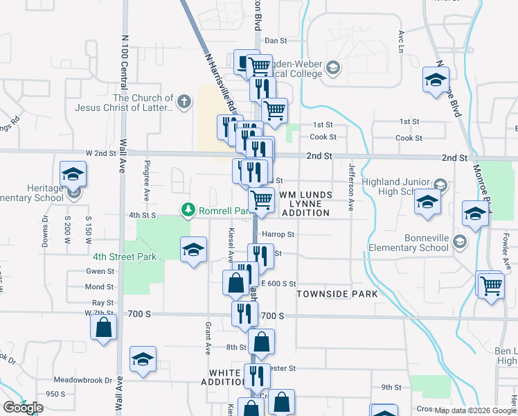 map of restaurants, bars, coffee shops, grocery stores, and more near 404 Washington Boulevard in Ogden
