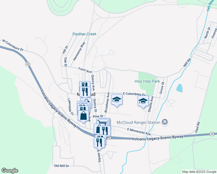 map of restaurants, bars, coffee shops, grocery stores, and more near 421 Broadway Avenue in McCloud