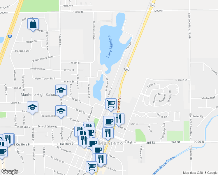 map of restaurants, bars, coffee shops, grocery stores, and more near 712 Lakeview Drive in Manteno