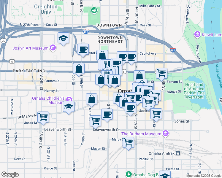 map of restaurants, bars, coffee shops, grocery stores, and more near 1520 Harney Street in Omaha