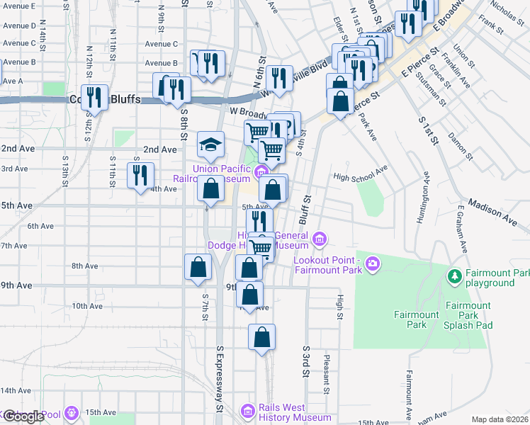 map of restaurants, bars, coffee shops, grocery stores, and more near in Council Bluffs
