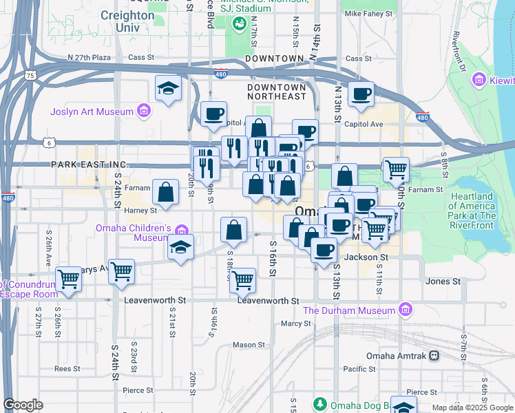 map of restaurants, bars, coffee shops, grocery stores, and more near in Omaha