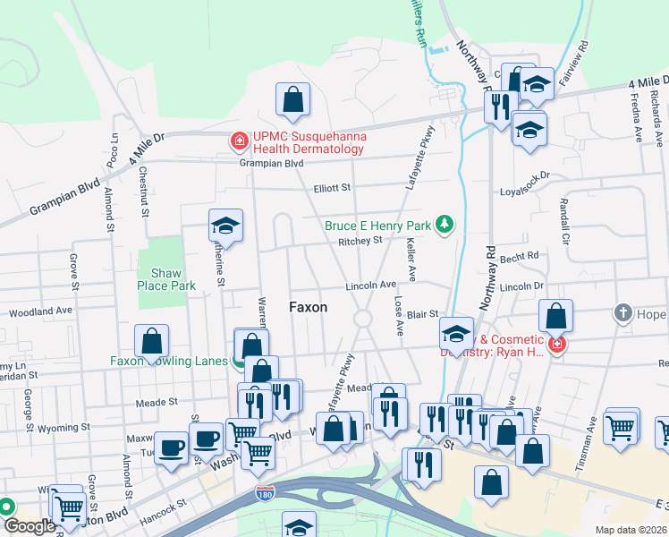 map of restaurants, bars, coffee shops, grocery stores, and more near 1421 Faxon Parkway in Williamsport