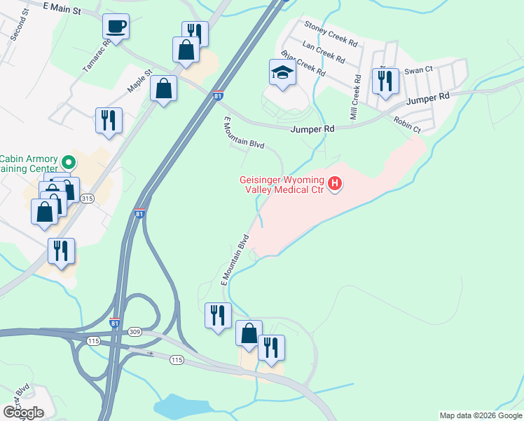 map of restaurants, bars, coffee shops, grocery stores, and more near 49 East Mountain Boulevard in Wilkes-Barre