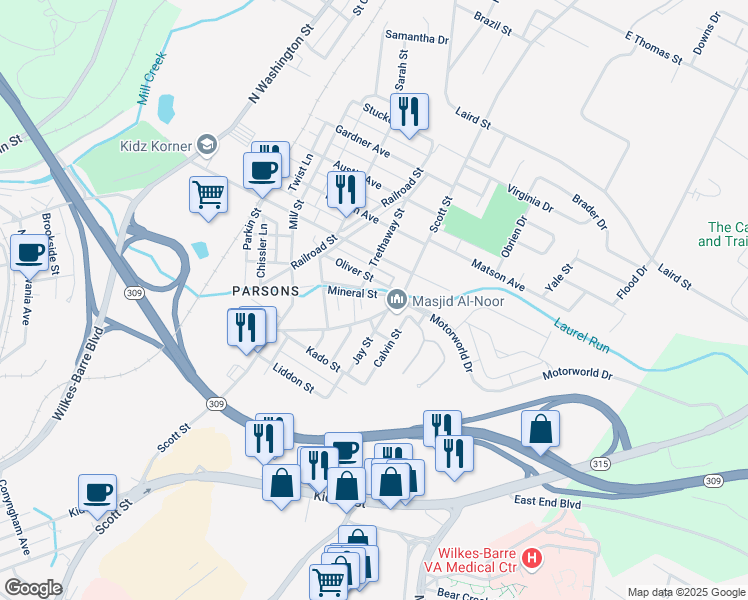 map of restaurants, bars, coffee shops, grocery stores, and more near 76 Oliver Street in Wilkes-Barre