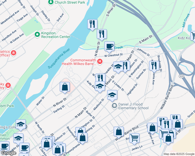 map of restaurants, bars, coffee shops, grocery stores, and more near 588 North Franklin Street in Wilkes-Barre