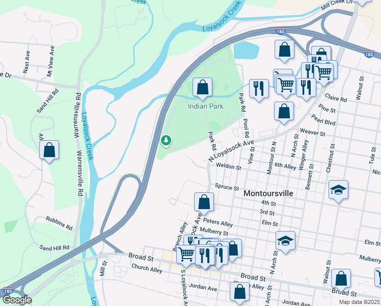 map of restaurants, bars, coffee shops, grocery stores, and more near 108 Rockey Lane in Montoursville