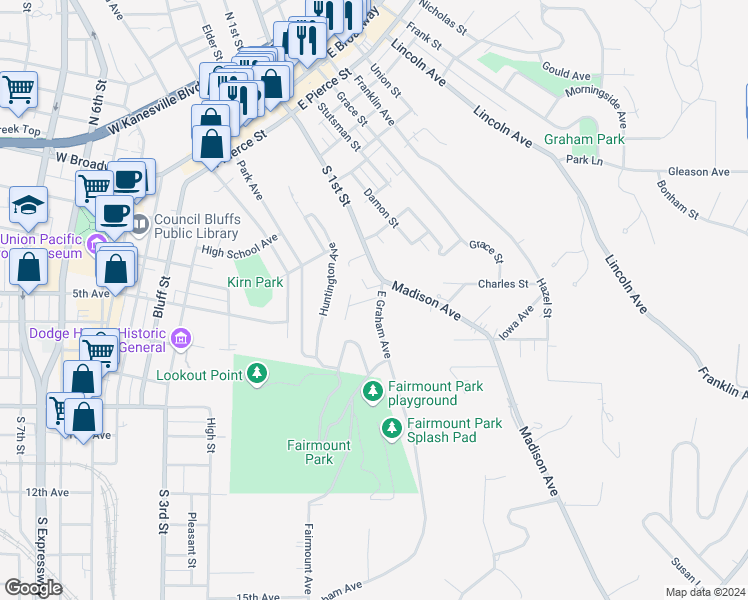 map of restaurants, bars, coffee shops, grocery stores, and more near 644 South 1st Street in Council Bluffs