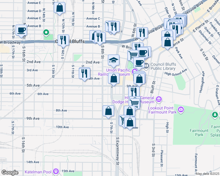 map of restaurants, bars, coffee shops, grocery stores, and more near 640 5th Avenue in Council Bluffs