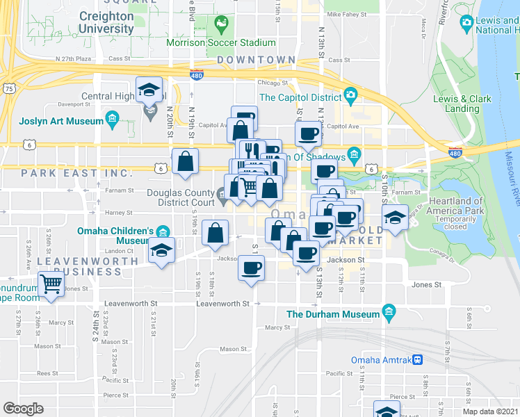 map of restaurants, bars, coffee shops, grocery stores, and more near in Omaha