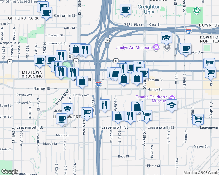 map of restaurants, bars, coffee shops, grocery stores, and more near in Omaha