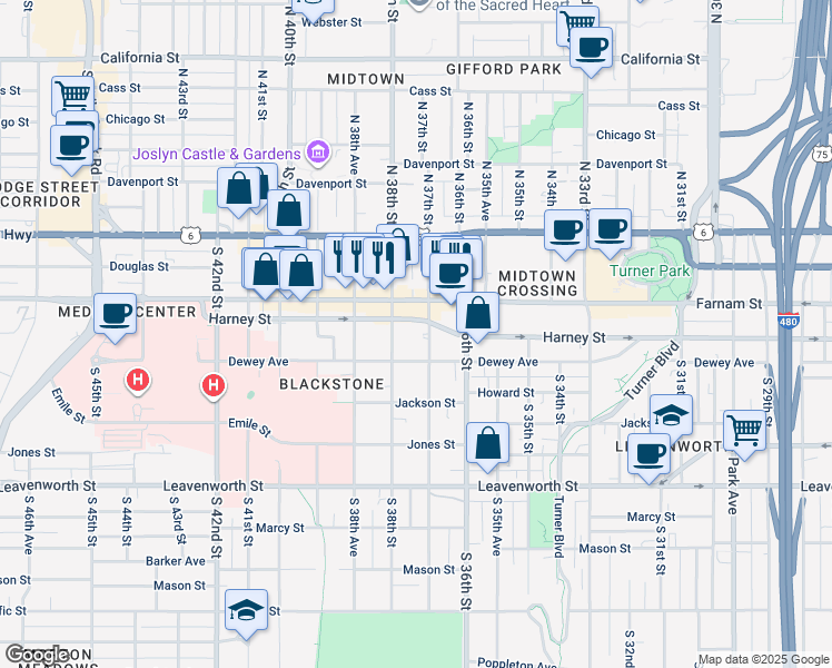 map of restaurants, bars, coffee shops, grocery stores, and more near in Omaha