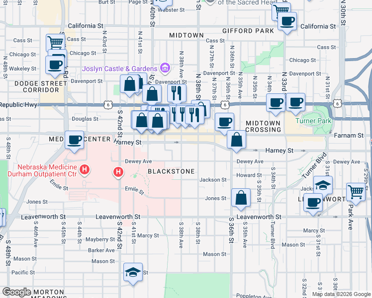 map of restaurants, bars, coffee shops, grocery stores, and more near 3817 Farnam Street in Omaha