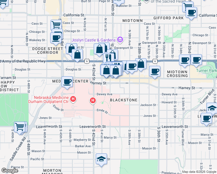 map of restaurants, bars, coffee shops, grocery stores, and more near 3926 Harney Street in Omaha