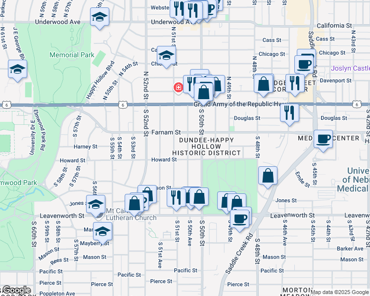 map of restaurants, bars, coffee shops, grocery stores, and more near 303 South 50th Avenue in Omaha