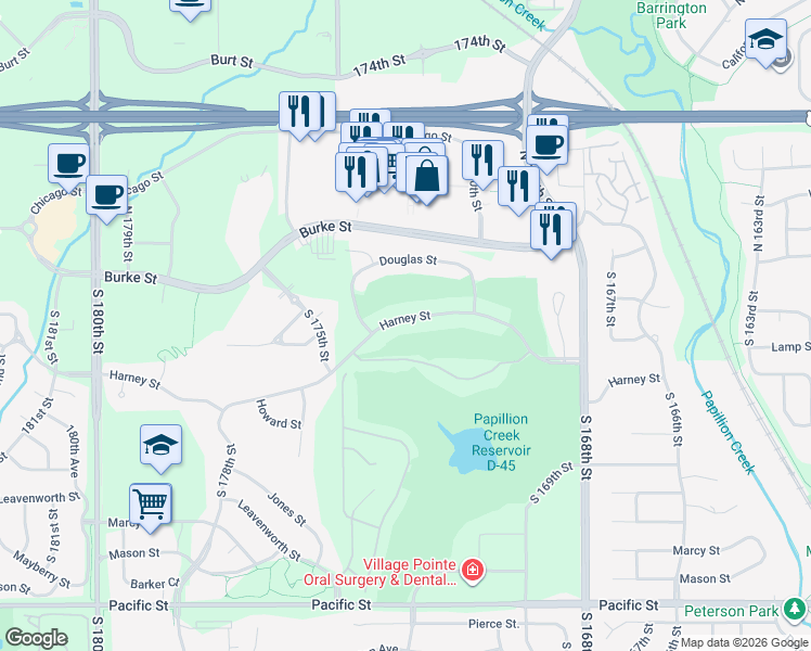 map of restaurants, bars, coffee shops, grocery stores, and more near 17222 Harney Street in Omaha