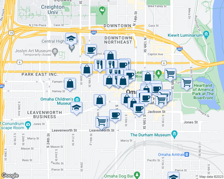 map of restaurants, bars, coffee shops, grocery stores, and more near 319 South 17th Street in Omaha