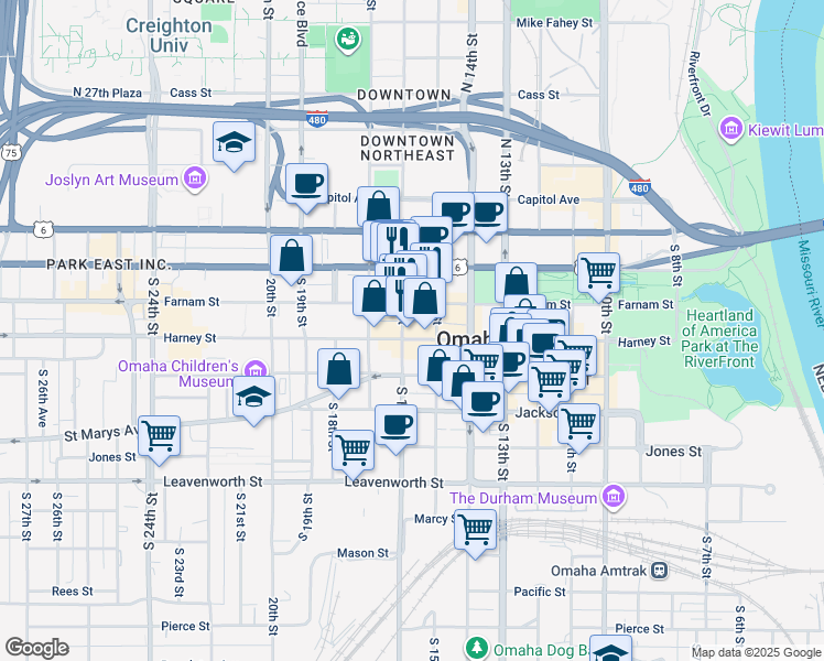 map of restaurants, bars, coffee shops, grocery stores, and more near in Omaha