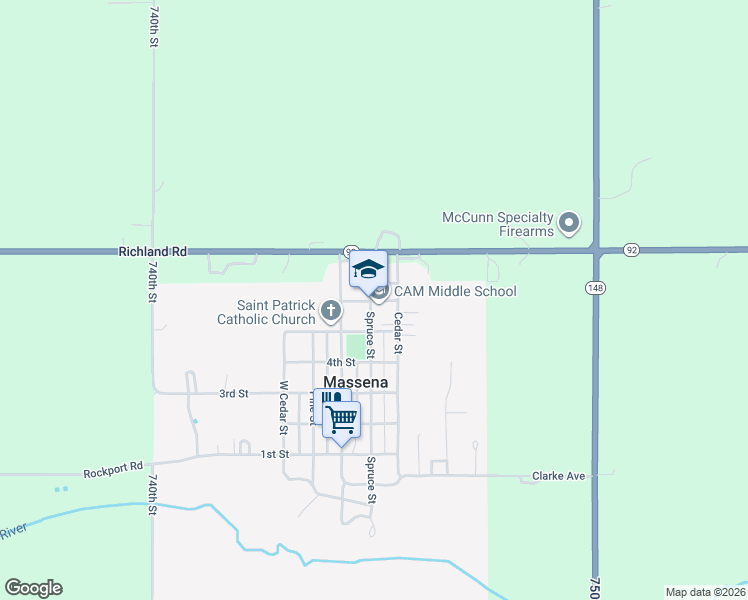 map of restaurants, bars, coffee shops, grocery stores, and more near 74515 Richland Road in Massena