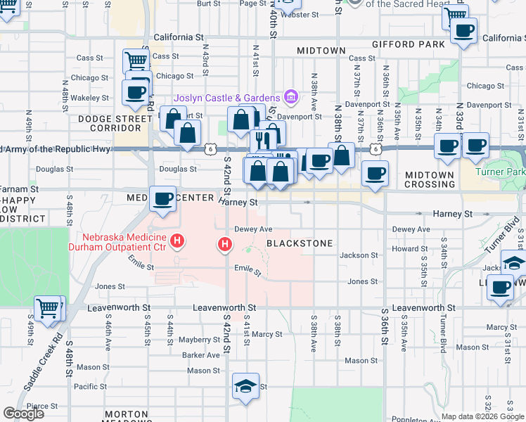 map of restaurants, bars, coffee shops, grocery stores, and more near 3926 Harney Street in Omaha