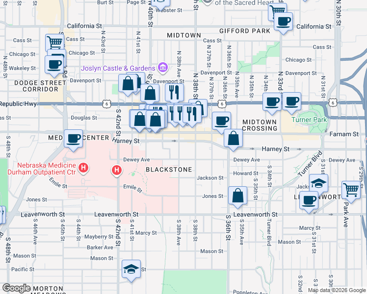 map of restaurants, bars, coffee shops, grocery stores, and more near 3817 Farnam Street in Omaha