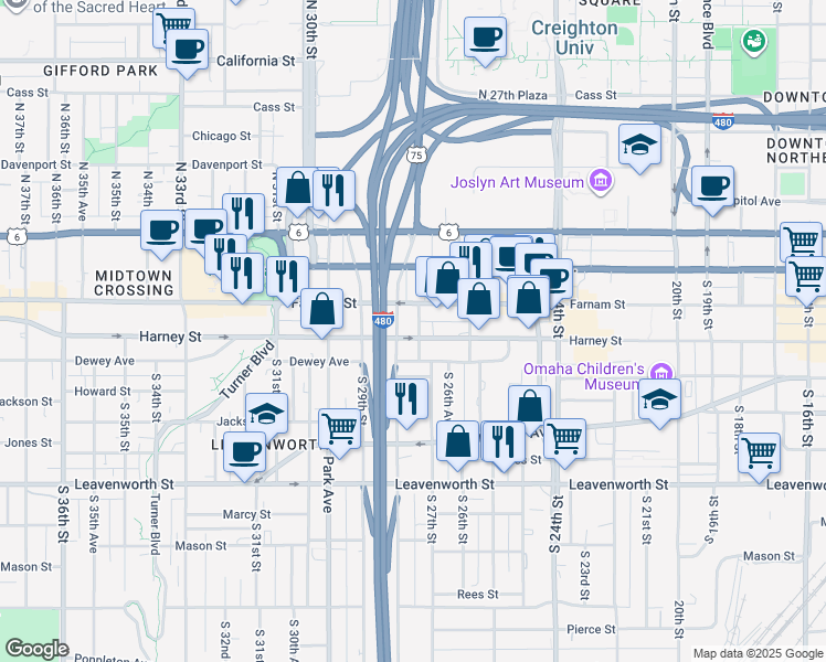 map of restaurants, bars, coffee shops, grocery stores, and more near 2754 Harney Street in Omaha