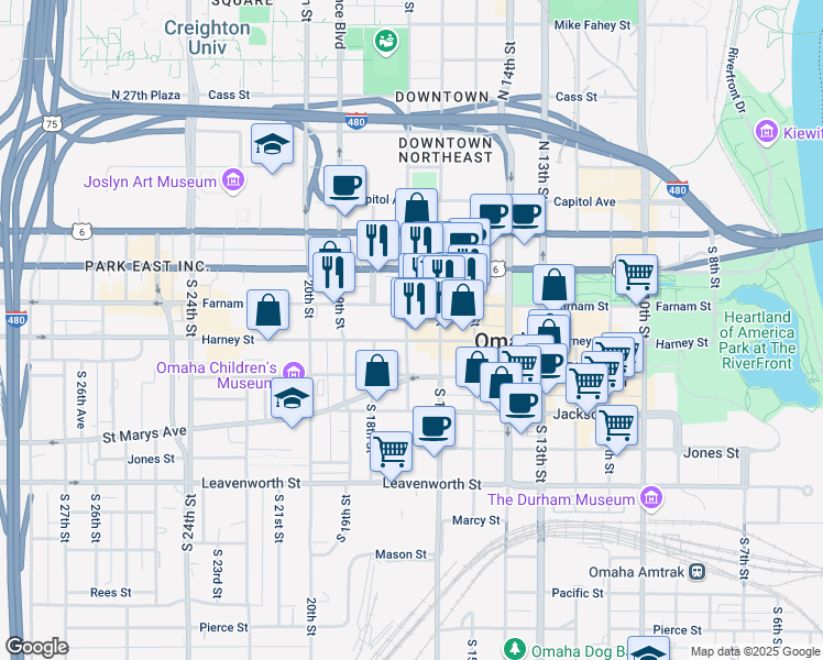 map of restaurants, bars, coffee shops, grocery stores, and more near 319 South 17th Street in Omaha