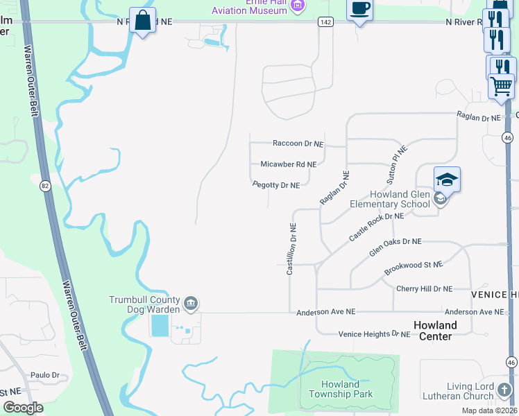 map of restaurants, bars, coffee shops, grocery stores, and more near 7666 Pegotty Drive Northeast in Warren