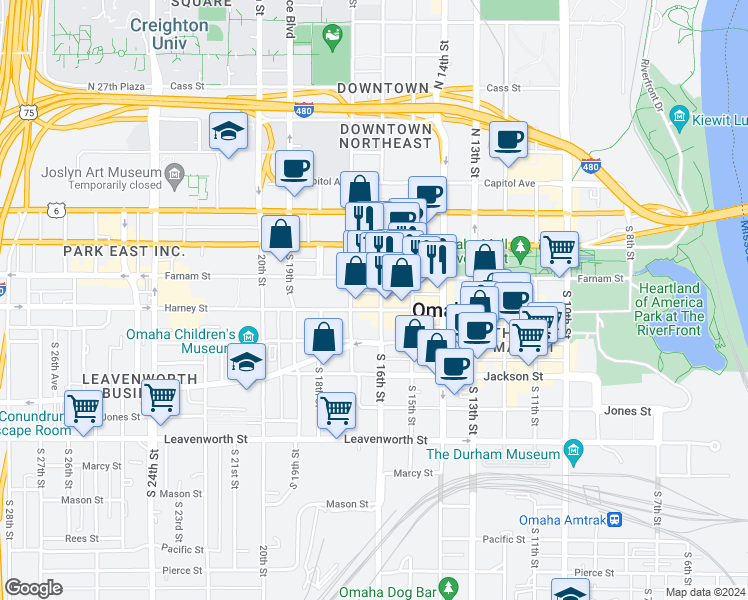 map of restaurants, bars, coffee shops, grocery stores, and more near in Omaha