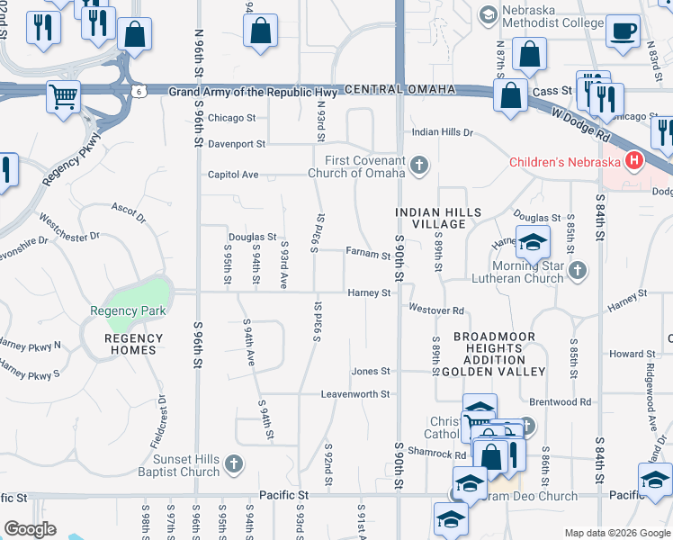 map of restaurants, bars, coffee shops, grocery stores, and more near 304 South 92nd Street in Omaha