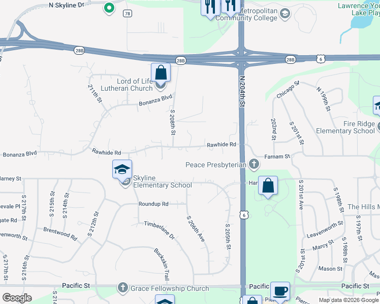 map of restaurants, bars, coffee shops, grocery stores, and more near 20725 Rawhide Road in Omaha