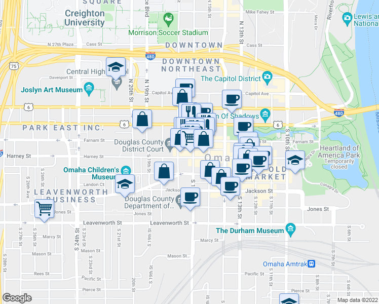 map of restaurants, bars, coffee shops, grocery stores, and more near in Omaha