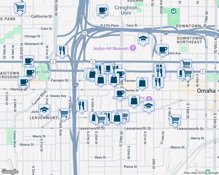 map of restaurants, bars, coffee shops, grocery stores, and more near 2507 Farnam Street in Omaha