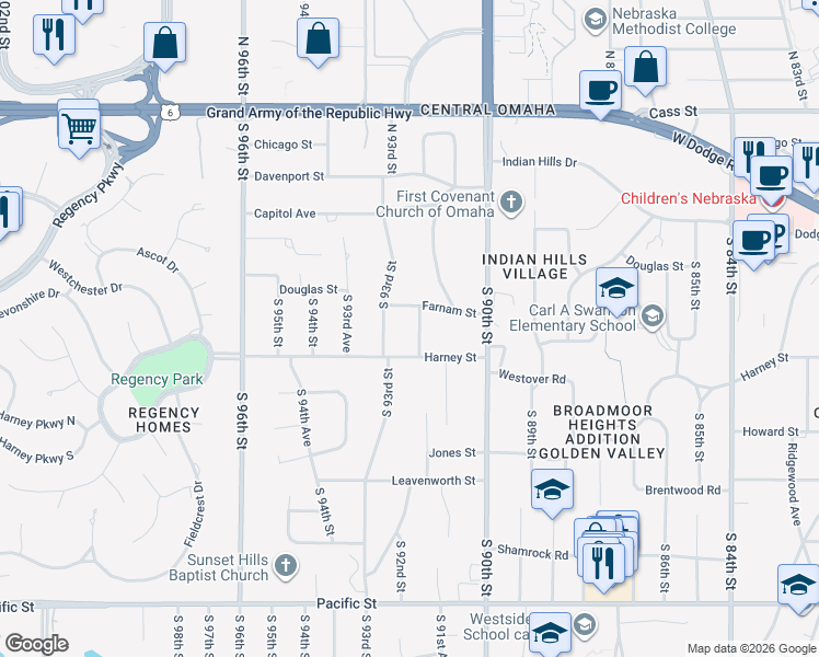 map of restaurants, bars, coffee shops, grocery stores, and more near 304 South 92nd Street in Omaha