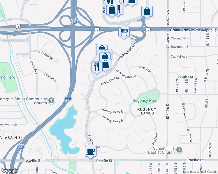 map of restaurants, bars, coffee shops, grocery stores, and more near 9925 Devonshire Drive in Omaha