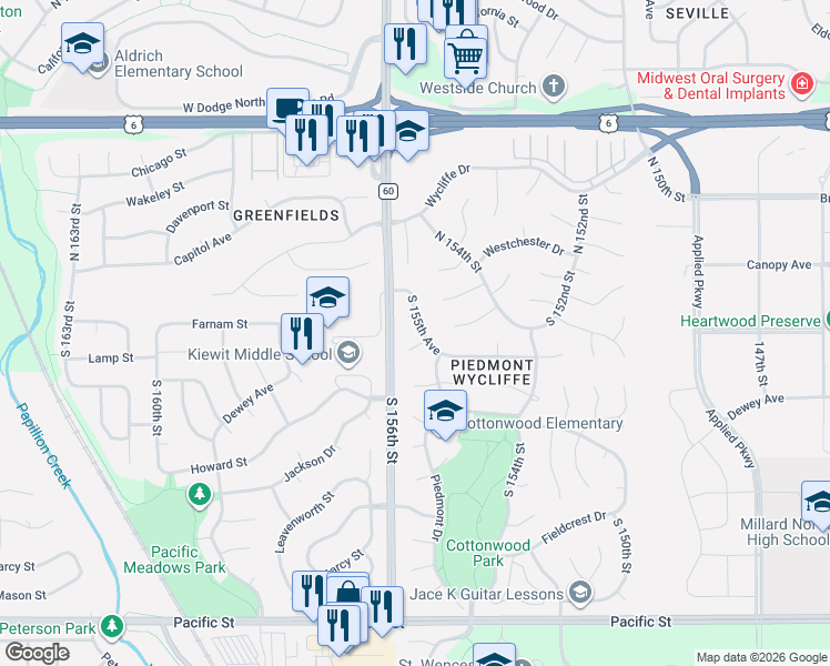 map of restaurants, bars, coffee shops, grocery stores, and more near 230 South 155th Avenue in Omaha