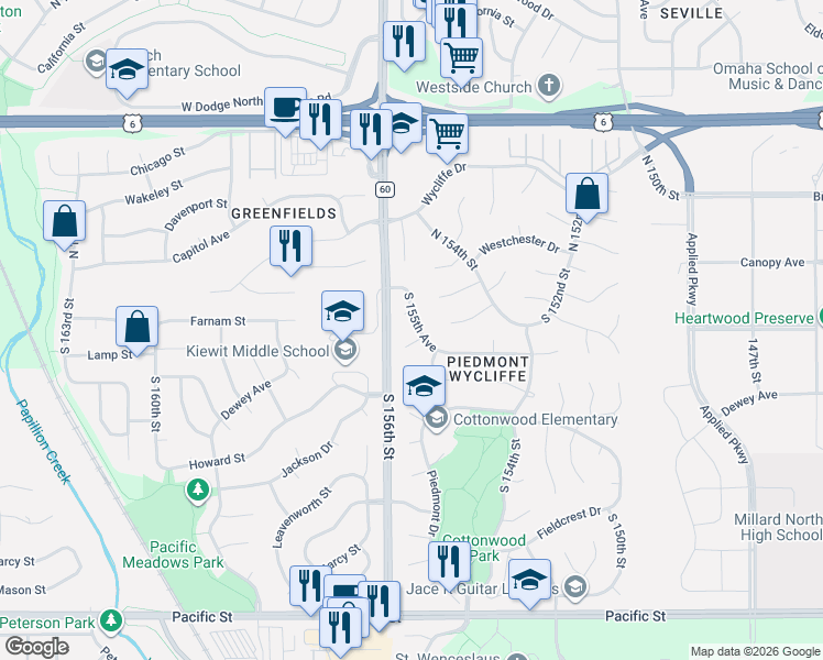 map of restaurants, bars, coffee shops, grocery stores, and more near 314 South 155th Avenue in Omaha