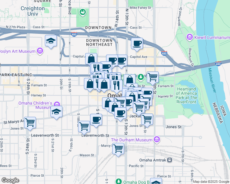 map of restaurants, bars, coffee shops, grocery stores, and more near 324 South 14th Street in Omaha