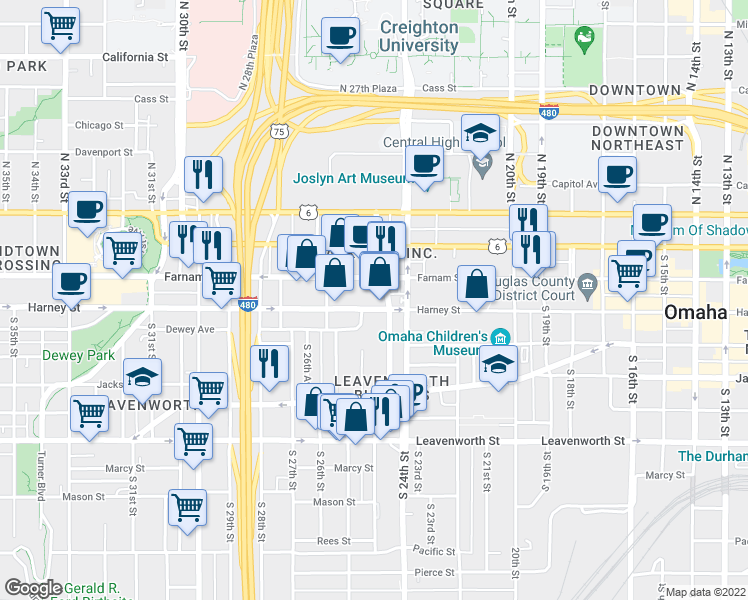 map of restaurants, bars, coffee shops, grocery stores, and more near 2507 Farnam Street in Omaha