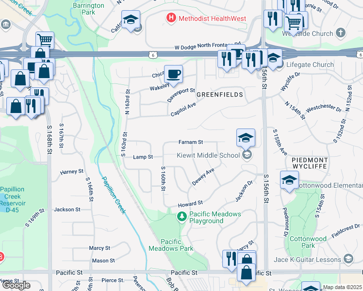 map of restaurants, bars, coffee shops, grocery stores, and more near 15860 Farnam Street in Omaha